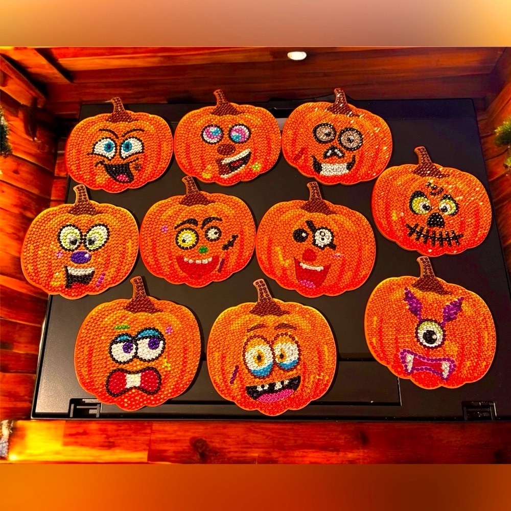 Pumpkin Funny Faces Coaster Set of 10 w/Holder Hand Crafted & Sealed Diamond Art